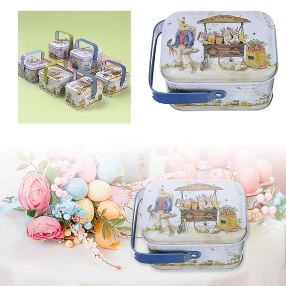 Vintage Easter Square Tinplate Candy Box with Handle and Lid Spring Elegant Bunny Printing Snack Tin Box Farmhouse Rabbit Cookie Jar Gift Chocolate Storage Organizer Party Favors for Kids Treats(D)