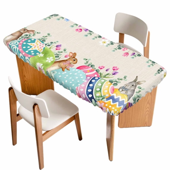 Vintage Easter Table Cloths for 4 Foot Rectangle Tables, Colorful Floral Eggs Bunny Rustic Patio Waterproof Elastic Fitted Tablecloths, Washable Rectangular Table Cover for Camping