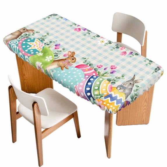 Vintage Easter Table Cloths for 6 Foot Rectangle Tables, Colorful Floral Eggs Bunny Blue Plaid Rustic Patio Waterproof Elastic Fitted Tablecloths, Washable Rectangular Table Cover for Camping