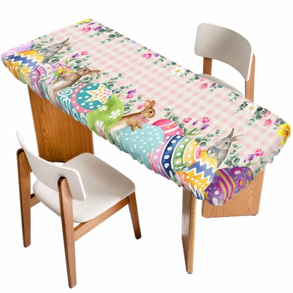 Vintage Easter Table Cloths for 8 Foot Rectangle Tables, Colorful Floral Eggs Bunny Pink Plaid Rustic Patio Waterproof Elastic Fitted Tablecloths, Washable Rectangular Table Cover for Camping