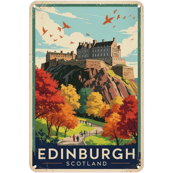 Vintage Edinburgh Castle Scotland Autumn Metal Tin Sign Wall Decor 8 x 12 Inch for Home Bedroom Kitchen Bar Dorm Bathroom