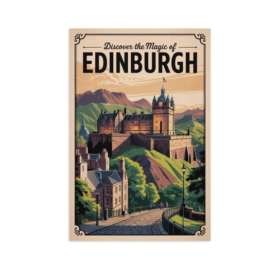 Vintage Edinburgh Cityscape Retro Scottish Tourism with Highlands & Gothic Charm Print Poster