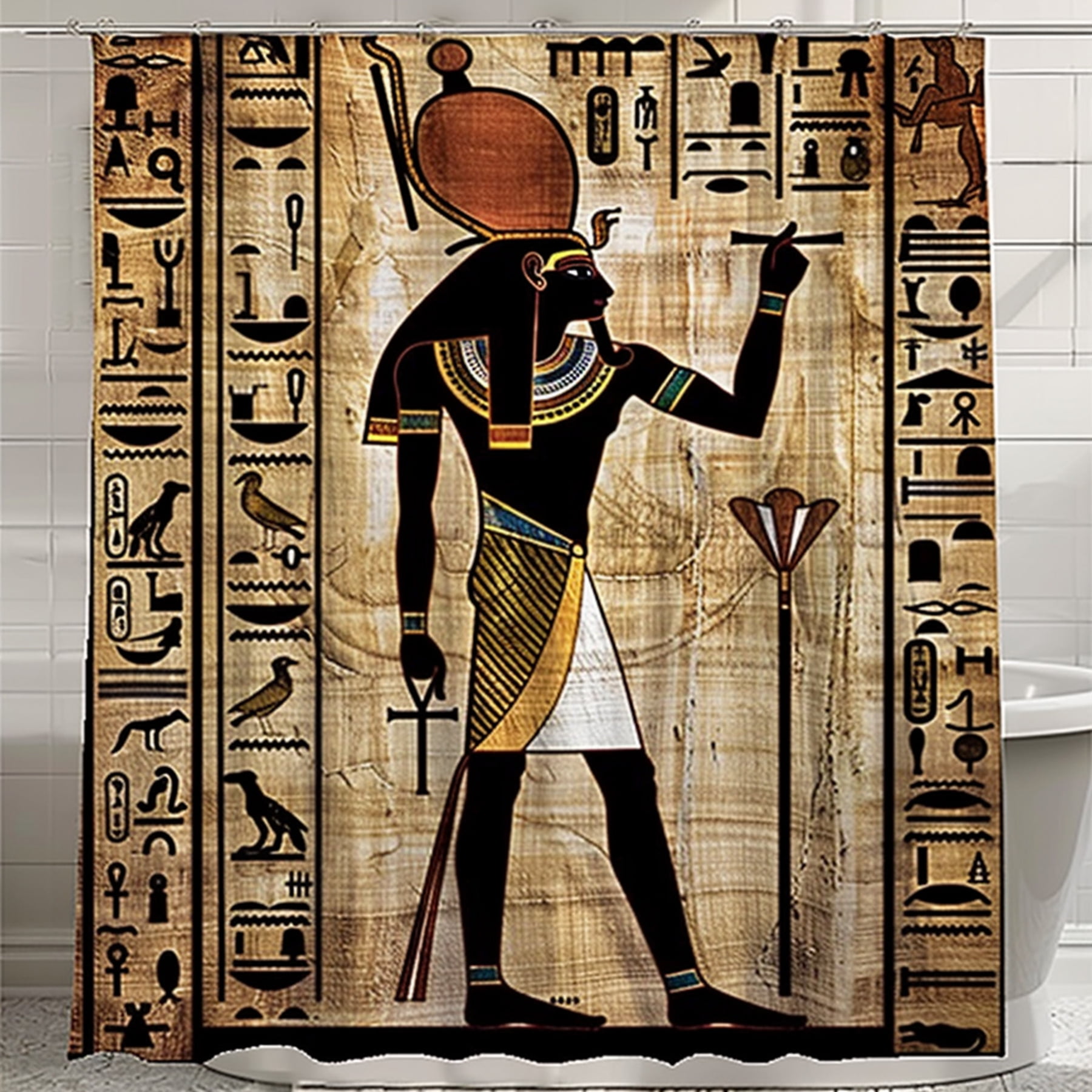Vintage Egyptian Anubis Design Cotton Bathroom Curtain Beige with Brown