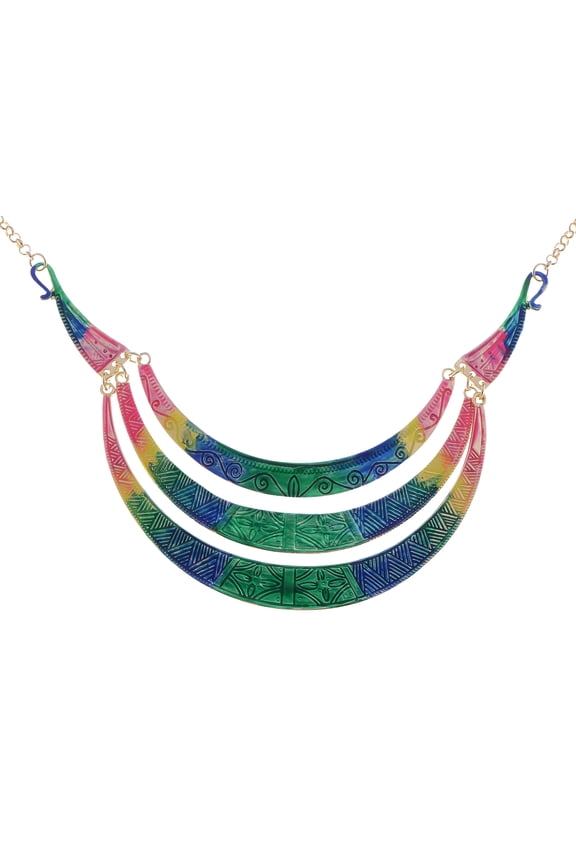 Vintage Egyptian Crescent Moon Shaped Bib Adjustable Statement Necklace, Multicolored