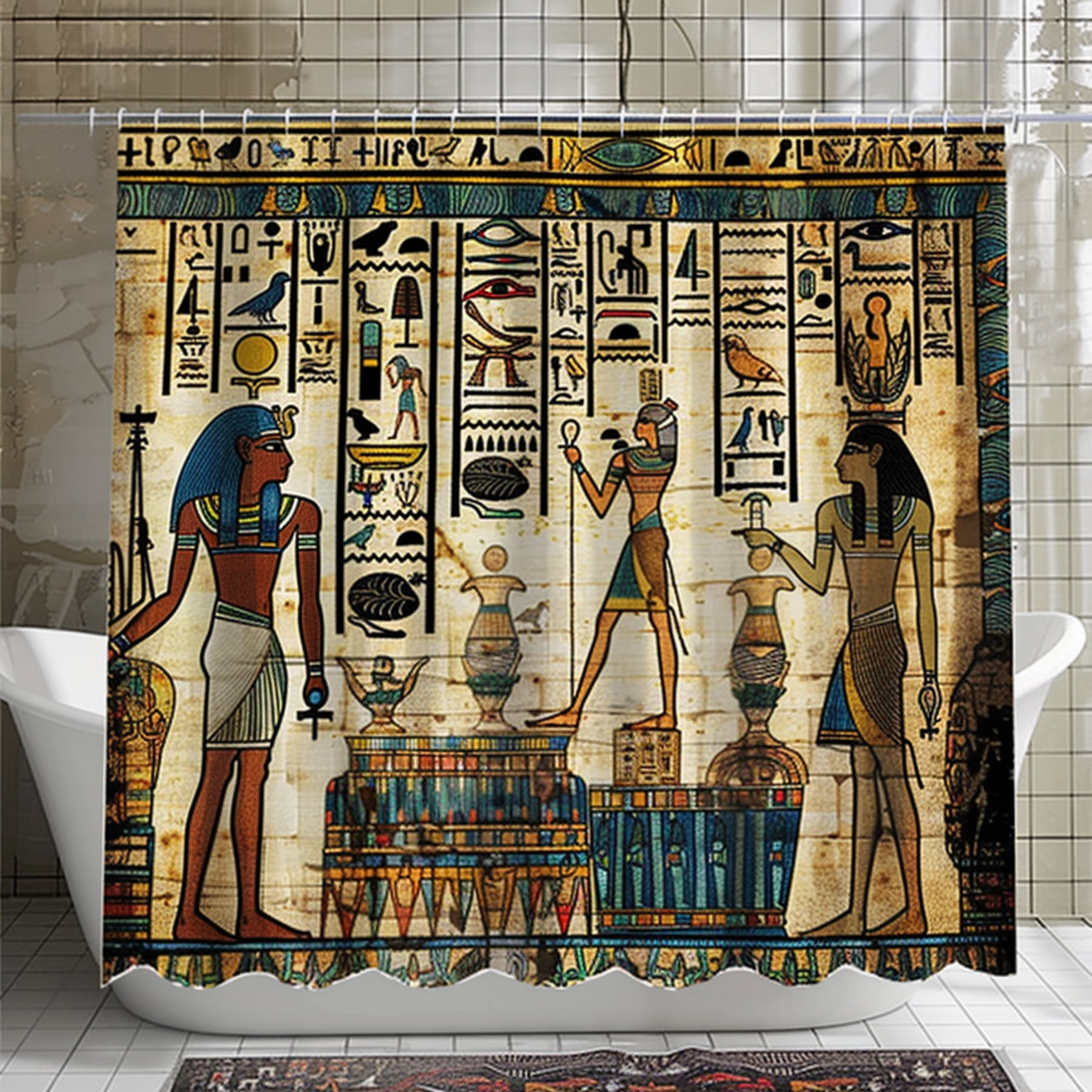 Vintage Egyptian Gods Shower Curtain Intricate Hieroglyphs Anubis