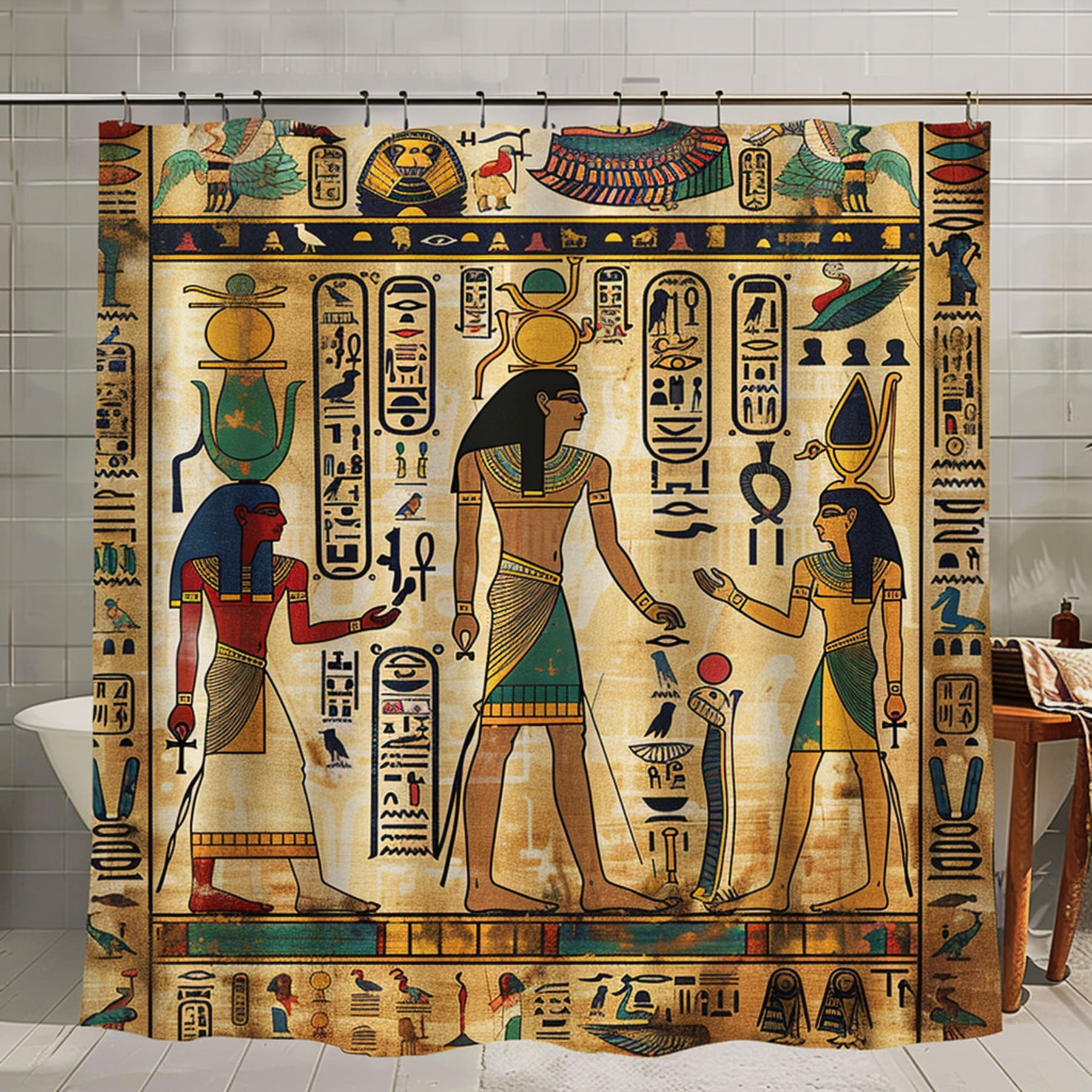 Vintage Egyptian Hieroglyphs and PharaohThemed Bathroom Curtain with