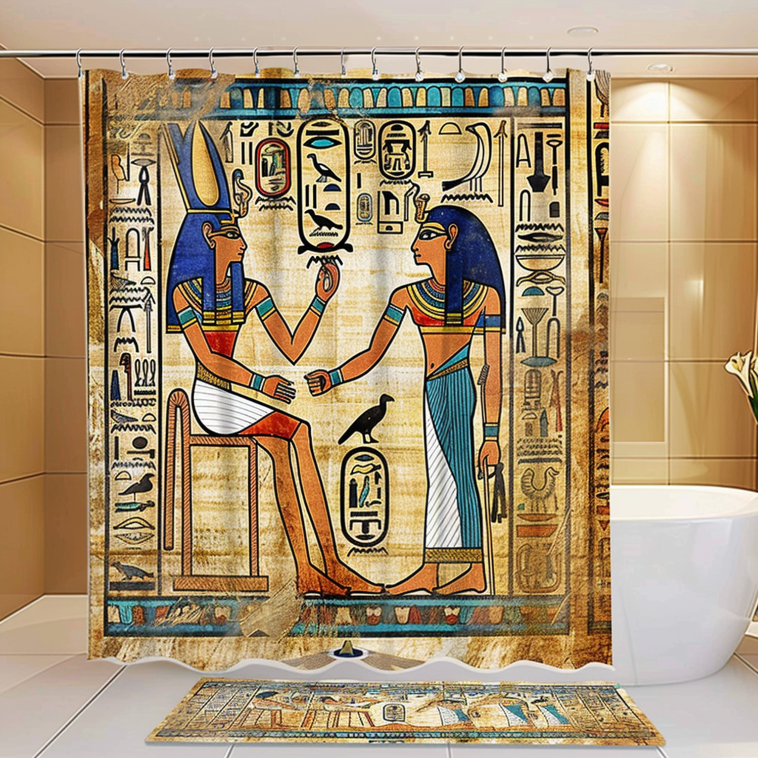 Vintage Egyptian Papyrus Shower Curtain Set with Pharaoh and Isis