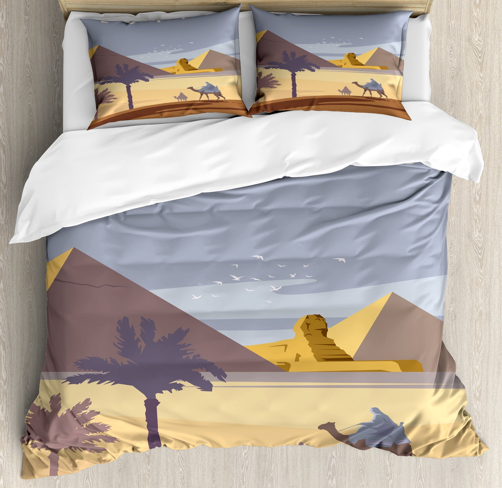 Vintage Egyptian Duvet Cover Set Queen Size, Retro Touristic Hallmarks