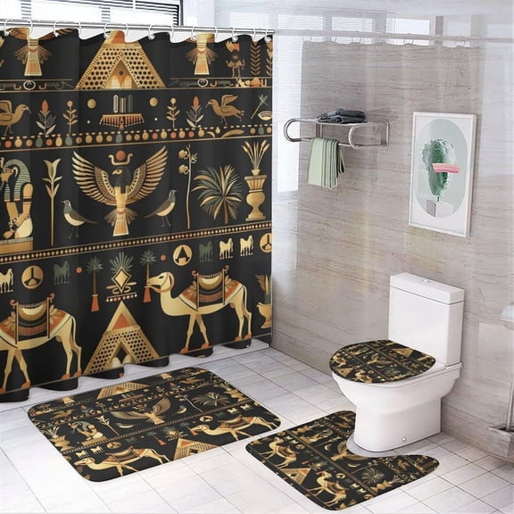 Vintage Egyptian Symbol Print Shower Curtain Set Bathroom Set Decorative Abstract Temple Pharaoh Hieroglyphics Anubis Bird 4 Piece Shower Curtain, Toilet Cover, U-Mat, Floor Mat