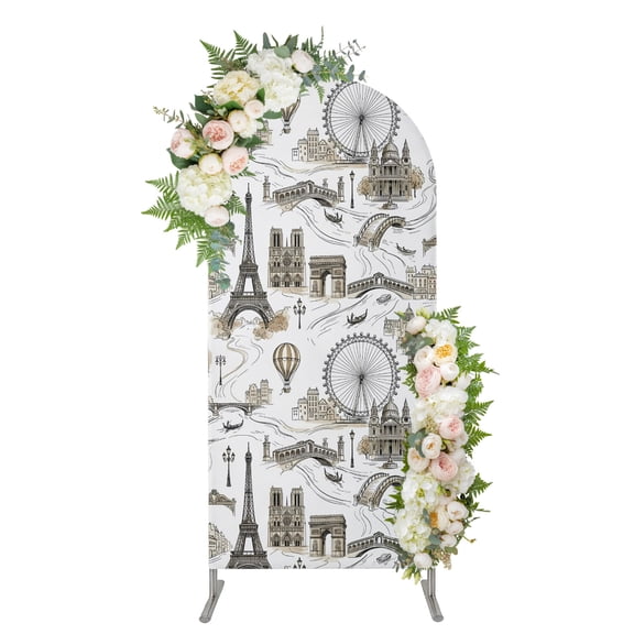 Vintage Eiffel Tower Arch Backdrop Cover 4FT, Buildings Ferris Wheel Bridge Retro Rustic Spandex Fitted Stretchy Arch Stand Covers, Round Top Chiara Backdrop Cover for Wedding Party Birthday