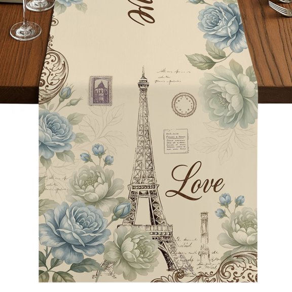 Vintage Eiffel Tower Burlap Cotton Table Runner 13x48 Inches Long, Rustic Love Floral Botanical Retro Farmhouse Table Runners, Outdoor Dining Tablecloths Decor for Baby Shower/Party/Wedding