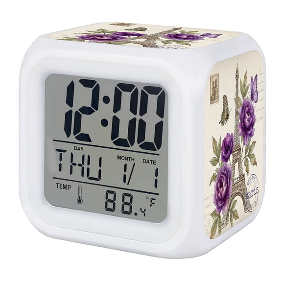 Vintage Eiffel Tower Digital Alarm Clock for Bedrooms,Smart LED Alarm Clock with 7 Color Changing Night Light,Purple Floral Butterfly Farmhouse Rustic Silent Wake Up Clocks for Sleep Study 3.2"x3.2"