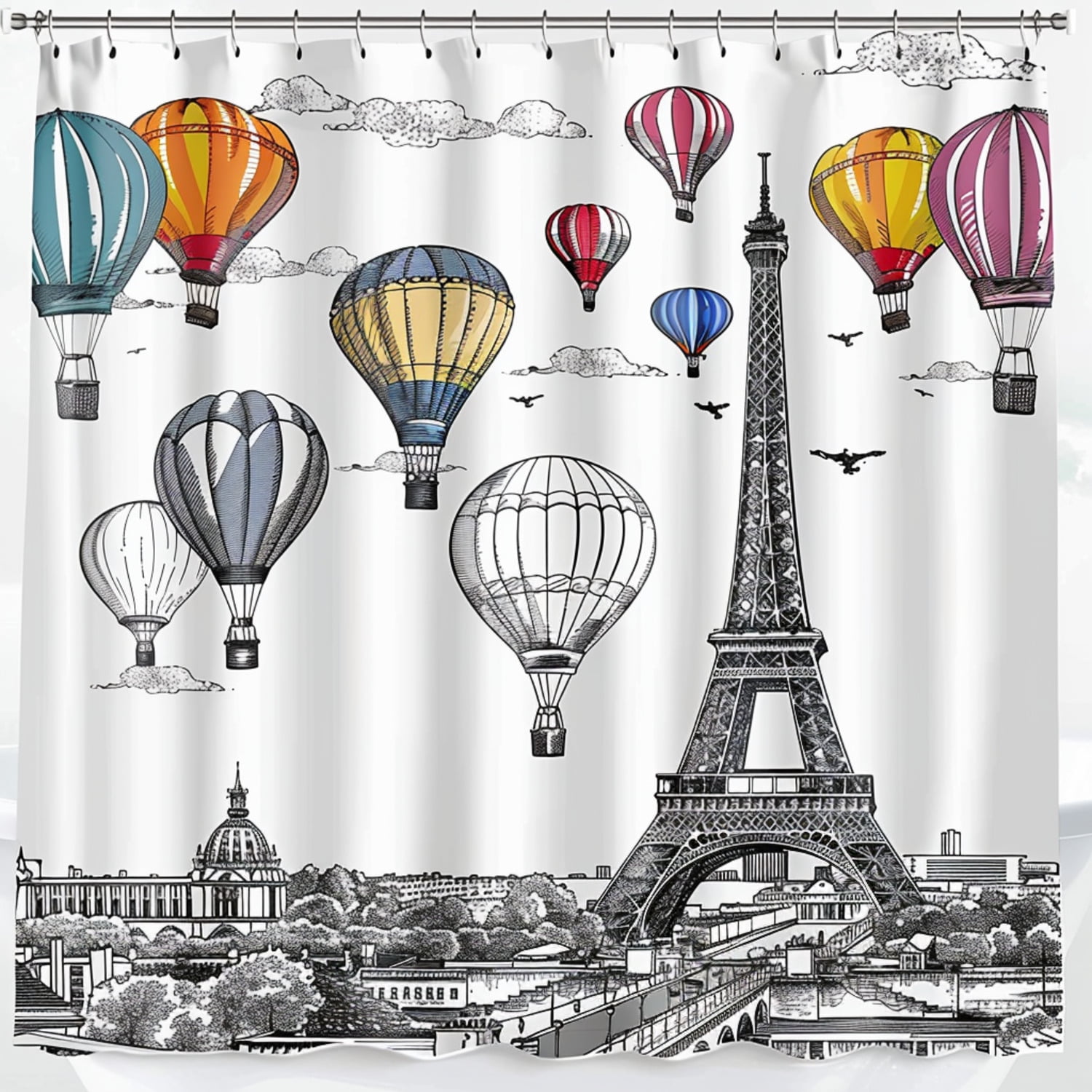 Vintage Eiffel Tower & Hot Air Balloons Shower Curtain Paris Bathroom ...