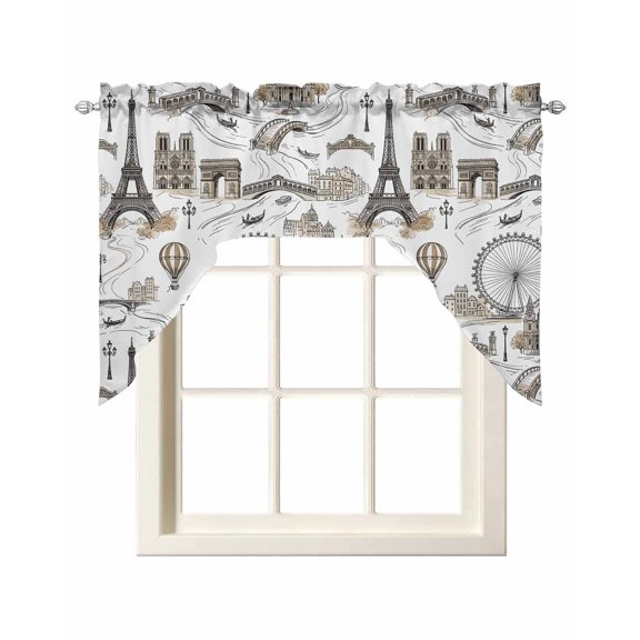 Vintage Eiffel Tower Kitchen Swag Valances for Windows, Buildings Ferris Wheel Bridge Retro Rustic Swag Valances Curtains for Living Room, Rod Pocket Window Treatments for Bathroom, Cafe, 56"x36"