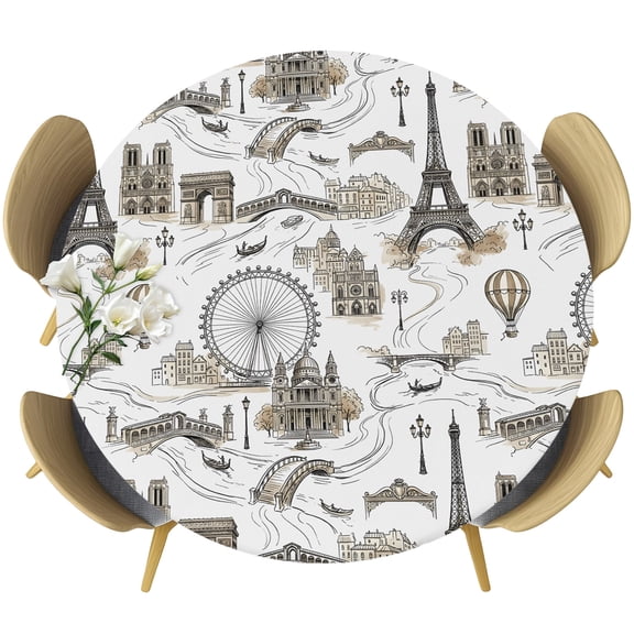 Vintage Eiffel Tower Round Tablecloth 36-44 Inch Round Fitted Table Cloth with Elastic Edge, Buildings Ferris Wheel Bridge Retro Rustic Waterproof Table Cover Protector for Outdoor Picnic Party