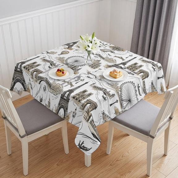 Vintage Eiffel Tower Table Cloth Waterproof Tablecloths, Buildings Ferris Wheel Bridge Retro Rustic Tablecloth Dining Table Cover for Kitchen Party Tabletop Outdoor, Square Tablecloth 54x54 Inch