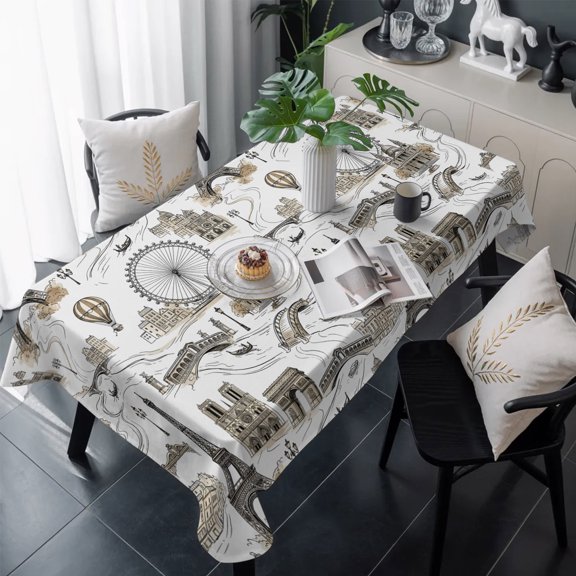 Vintage Eiffel Tower Table Cloth Waterproof Tablecloths, Buildings Ferris Wheel Bridge Retro Rustic Tablecloth Dining Table Cover for Kitchen Party Tabletop Outdoor, Rectangle Tablecloth 60x120 Inch