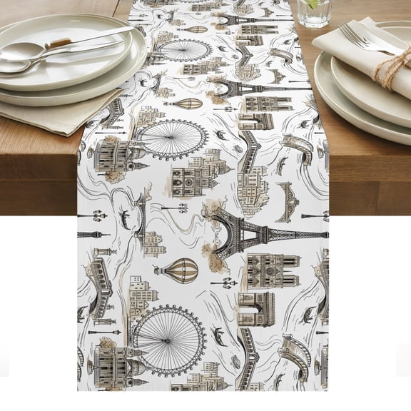 Vintage Eiffel Tower Table Runner Buildings Ferris Wheel Bridge Retro Rustic Tablerunners 13 x 48 Inch, Table Decorations Tabletop Scarf for Summer Gathering Holiday Farmhouse Kitchen Dining Decor