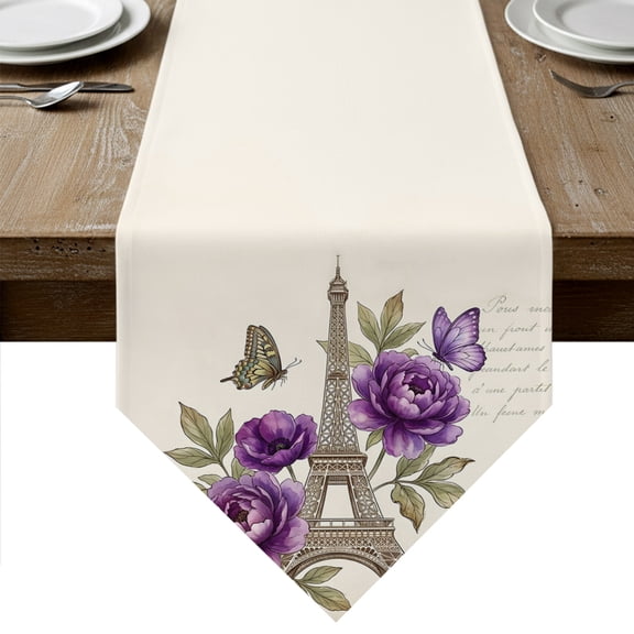Vintage Eiffel Tower Table Runner Linen Burlap Table Runner 36 Inches Small Purple Floral Butterfly Farmhouse Rustic Dresser Scarves for Kitchen Island Coffee Dining Room Party Holiday Decor 13"x36"