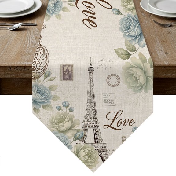 Vintage Eiffel Tower Table Runner Linen Burlap Table Runner 36 Inches Small Retro Love Floral Botanical Beige Dresser Scarves for Kitchen Island Coffee Dining Room Party Wedding Holiday Decor 13"x36"