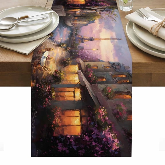 Vintage Eiffel Tower Table Runner Purple Sunset River French Cityscape Tablerunners 13 x 36 Inch, Table Decorations Tabletop Scarf for Summer Gathering Holiday Farmhouse Kitchen Dining Decor