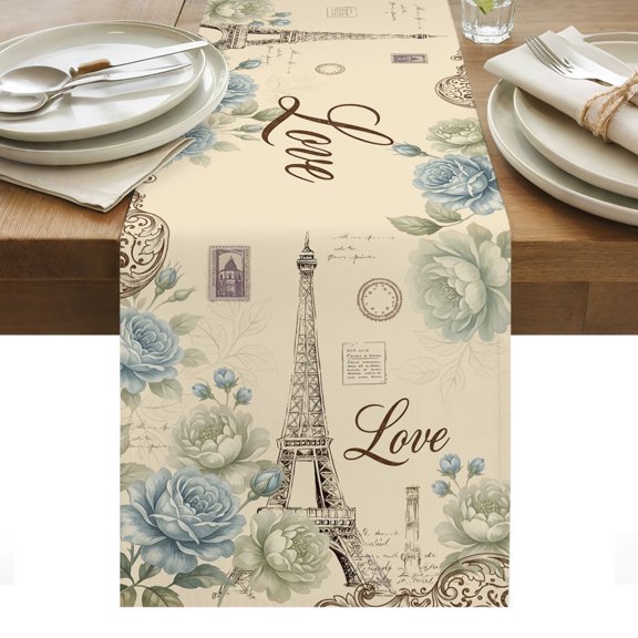 Vintage Eiffel Tower Table Runner Rustic Love Floral Botanical Retro Tablerunners 13 x 36 Inch, Table Decorations Tabletop Scarf for Summer Gathering Holiday Farmhouse Kitchen Dining Decor