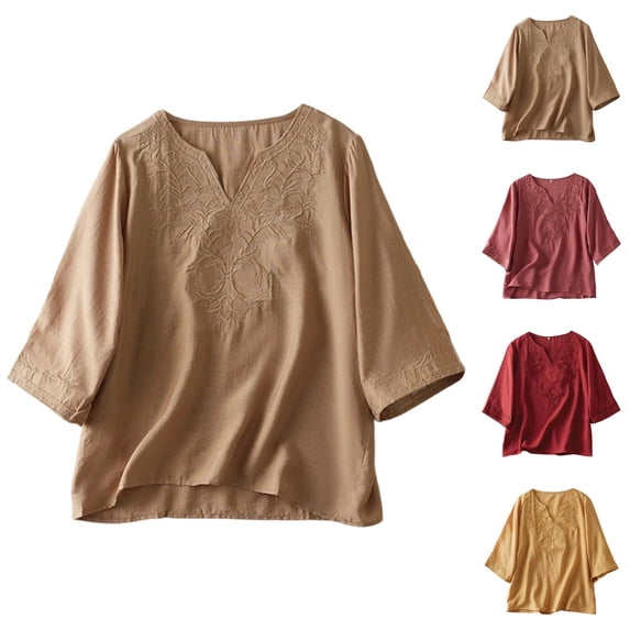 Vintage Elbow Sleeve Tops Women Summer Casual Cotton Linen Lightweight Loose Fit V Neck Embroidery T Shirts