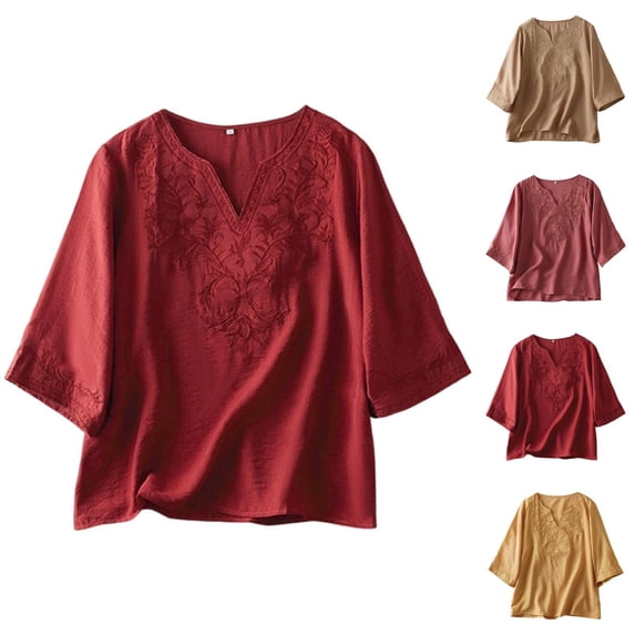 Vintage Elbow Sleeve Tops Women Summer Casual Cotton Linen Lightweight Loose Fit V Neck Embroidery T Shirts