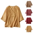 thumbnail image 1 of Vintage Elbow Sleeve Tops Women Summer Casual Cotton Linen Lightweight Loose Fit V Neck Embroidery T Shirts, 1 of 7