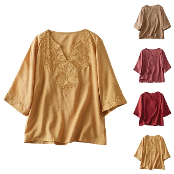 Vintage Elbow Sleeve Tops Women Summer Casual Cotton Linen Lightweight Loose Fit V Neck Embroidery T Shirts