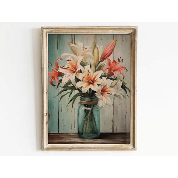 Vintage Elegance: Rustic Lilly Bouquet Wall Art for Timeless Charm