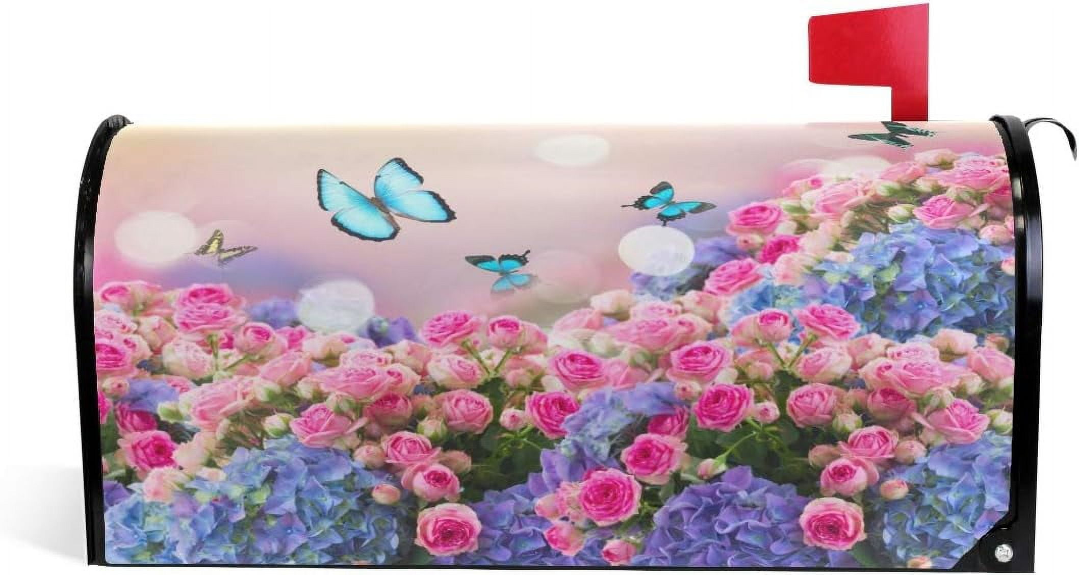 Vintage Elegant Blue Butterfly Garden Roses Flowers Spring Magnetic Magnetic Mailbox Cover Standard Size for Garden Yard Outdoor Decorations-18 x 20.8"
