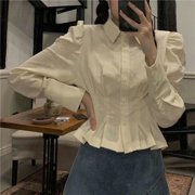 Vintage Elegant Female Blouse Harajuku Women's Shirt Tunics Korean Style Long Sleeve Tops Slim Chic Preppy Fashion Clothes-Beige-XL