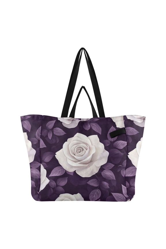 Vintage Elegant Roses Purple Leaves Foldable Canvas Tote Bags Reusable Grocery Bags Laundry Bags Beach Bag 32L
