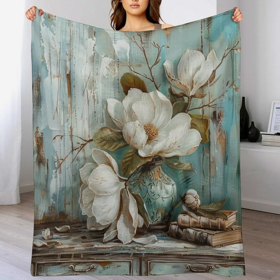 Vintage Elegant Southern Magnolia Chic Throw Blanket for Couch Bed Sofa 50"x60" White&Green Magnolia Floral Luxury Velvet Super Soft Gift for Kids Family And Friends Plush Flannel Blanket