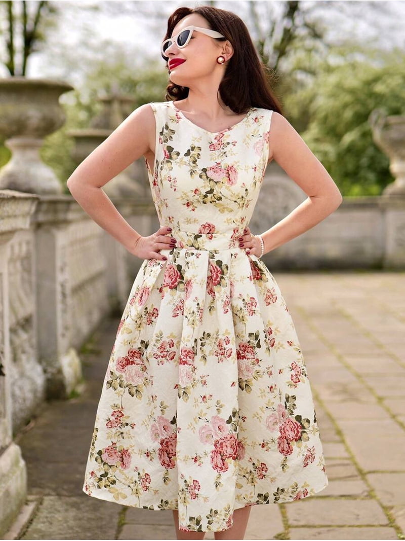 Vintage Elegant Women Dress With Floral Print, Sleeveless, Waist Belt, Spring/Summer Mini Dress Umbrella Hem Mother Day Wedding Guest Outfit