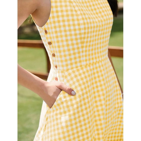 Vintage Elegant Women's Ditsy Floral Sleeveless Square Neck A-Line Midi Dress with Pockets and Button Detail