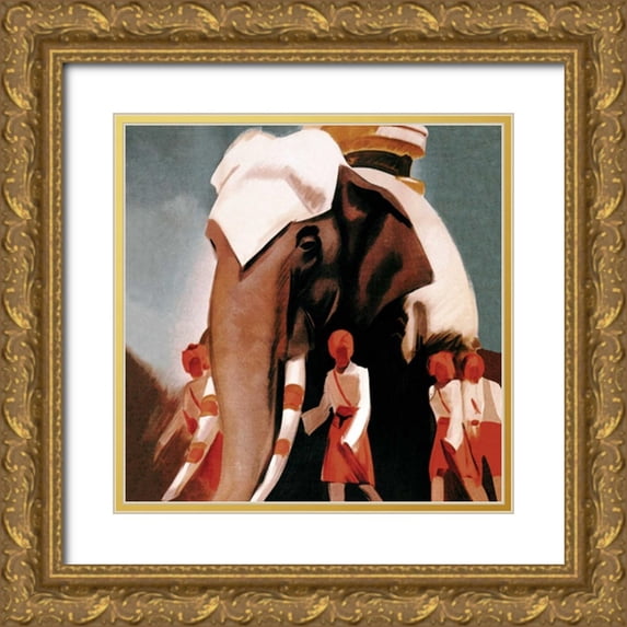 Vintage Elephant 15x15 Gold Ornate Wood Framed with Double Matting Museum Art Print Titled - Lloyd Triestino Espresso Itali India