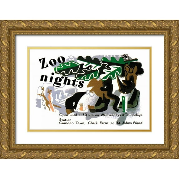 Vintage Elephant 24x17 Gold Ornate Wood Framed with Double Matting Museum Art Print Titled - Zoo Nights