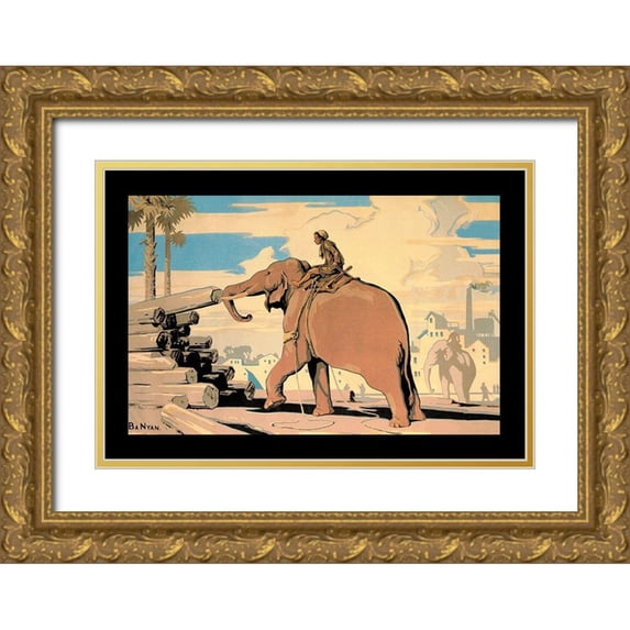 Vintage Elephant 32x23 Gold Ornate Wood Framed with Double Matting Museum Art Print Titled - Moving Logs with Elephant Power
