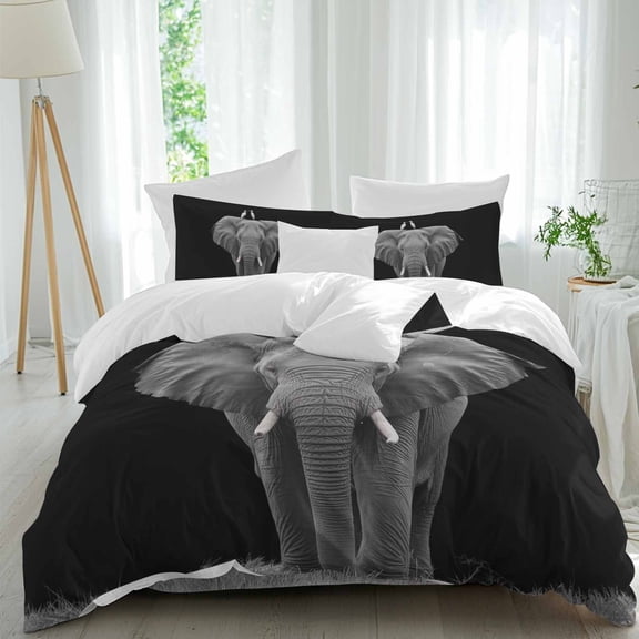 Vintage Elephant Bird Twin Size Comforter Set, Black Gary Animal Art Bedding for All Seasons, 4 Pcs Bed Set, 1 Quiltcover (68"x86") ,1Sheet(67"x116"), 2Pillowcases (30"x20")