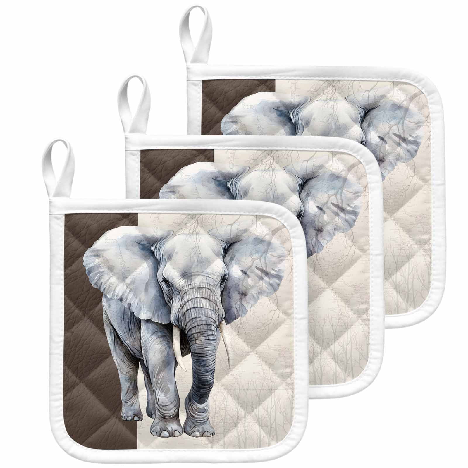 Vintage Elephant Pot Holders for Kitchen Heatproof Potholder, 3 Pack Modern Art Animal Watercolor Hot Pads Multipurpose Oven Pads Cloth Potholders Trivet for Cooking Baking