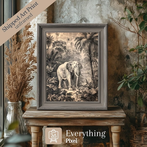Vintage Elephant Print Poster Monochromatic Jungle Artwork, Antique Farmhouse Decor, Size 12x18 UNFFRAMED F03.1.6l1405