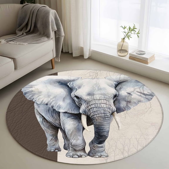 Vintage Elephant Round Area Rug 4ft, Modern Art Animal Watercolor Washable Non-Slip Circle Rugs for Bedroom Living Room Kitchen, Soft Non Shedding Circle Carpet for Dining Room Dorm