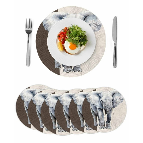 Vintage Elephant Round Placemats Set of 6 for Dinning Tables,Heat-proof Braided Table Mats 15 Inch,Modern Art Animal Watercolor Washable Place Mat for Kitchen Restaurant Party Decor Table Setting