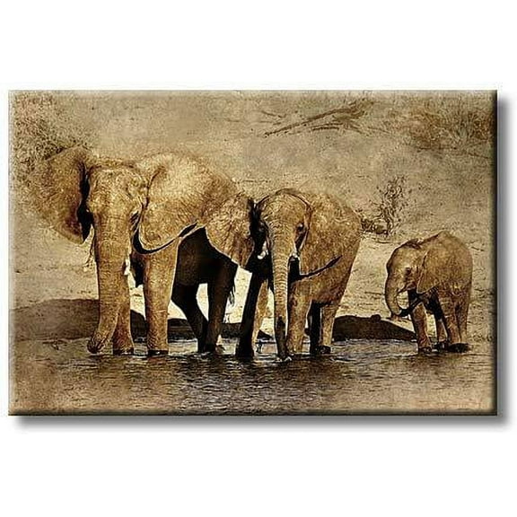 Vintage Elephant and Baby Elephant Drinking Water Walking Picture on Stretched Canvas, Wall Art Décor, Ready to Hang