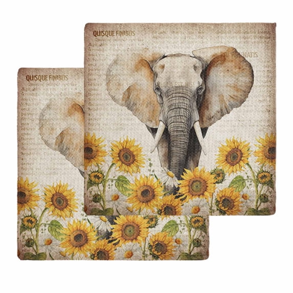 Vintage Elephants Kitchen Dish Towels for Drying Dishes Set of 2, Spring Summer Sunflowers Daisy Floral Waffle Weave Microfiber Hand Tea Bathroom Towels Quick Dry & Absorbent Towel 12x12