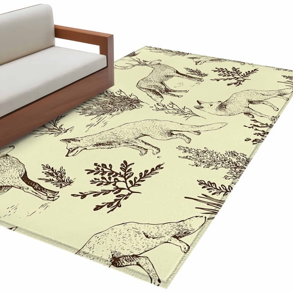 Vintage Elk Fox Area Rug 4x6 Washable Rug Non Slip Rustic Yellow Simple Drawn Grass Large Area Rug Indoor Floor Carpet for Entryway Bedroom Kitchen Living Room Home Office Dining Room Nursery