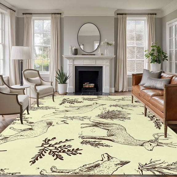 Vintage Elk Fox Area Rugs 5'x8', Washable Small Throw Rugs for Classroom Bedroom, Rustic Yellow Simple Drawn Grass Indoor Outdoor Rug Non-Slip Low Pile Carpet Runner Reversible Floor Mats