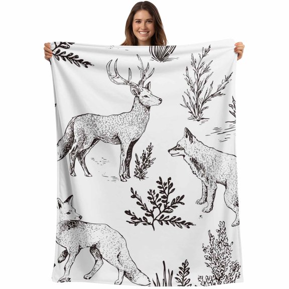 Vintage Elk Fox Blanket Soft Cozy Warm Throw Blanket for Couch, Plush Fuzzy Flannel Fleece Blankets for Sofa, Rustic Black White Simple Drawn Grass Bed Blankets Lightweight Gifts for Women, 30"x40"